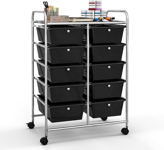 Giantex 10 Drawers Rolling Cart, Classroom Organizers, Storage Cart with Wheels, for Teacher Office Home School Supplies Tool Craft Art Paper, Black