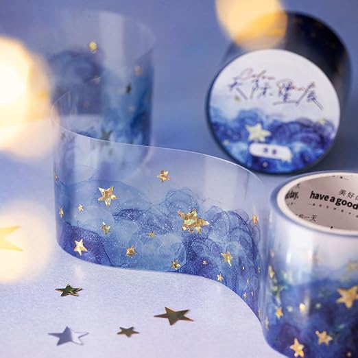 Gradient Watercolor Smudge PET Tape Decorative Collage Junk Journal Scrapbook Supplies Gold Foil Watercolor Blending Design Deco Tape For Scrapbooking Star Sky PET Stickers For Journaling Supplies