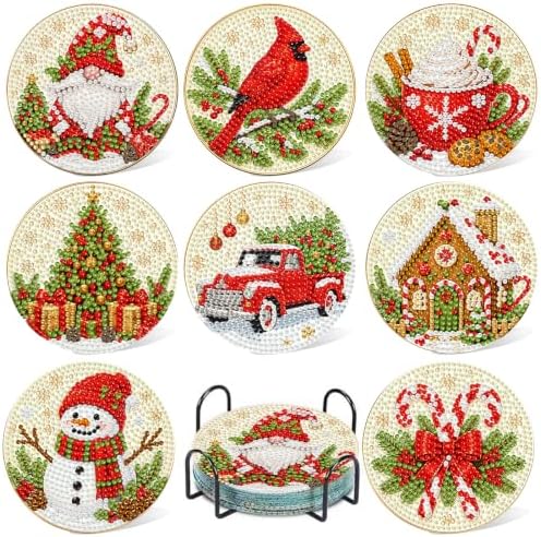 8 Pcs Christmas Diamond Art Coasters Kits, Diamond Painting Coasters