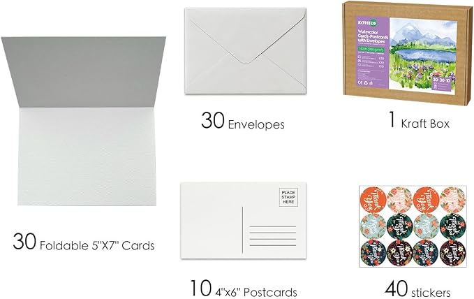 30 Pack Foldable Blank Watercolor Cards with Envelopes 5"x7"