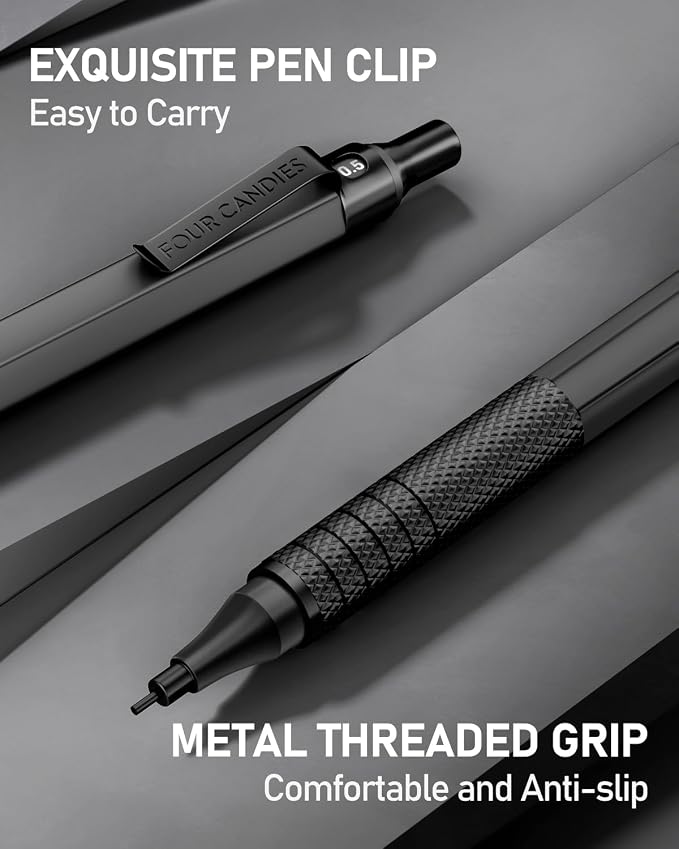 2PCS Metal Mechanical Pencil Set, 0.5mm+0.7mm, Storage Case, Black＆Silver