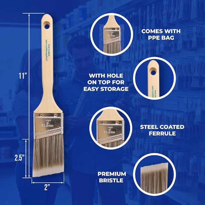 Pro Grade Paint Brushes, 2 Inch Angled Paint Brush, Trim & Walls, 3 Pack | Cutting-in & detail work | Furniture, cabinets & doors | Interior & exterior | Latex & oil-based | Medium stiff bristles