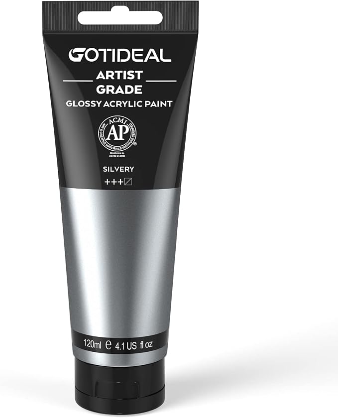 GOTIDEAL Metallic Acrylic Paint Silver Tubes(120ml, 4.1 oz) | Non Toxic, Non Fading, Rich Pigments,for Painters, Adults & Kids,Ideal for Canvas Wood Clay Fabric Ceramic Craft Supplies