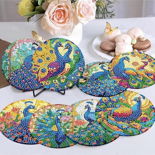 8 Pack Diamond Art Coasters,Peacock animals Diamond Painting Coasters Kits