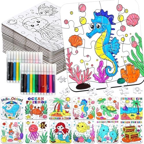 24 Set Summer Crafts for Kids Adults Bulk, Summer Activities DIY Puzzle with Ocean Mermaid Fish Starfish Animal, Camp Beach Arts Jigsaw Classroom Gifts, Under the Sea Theme Party Favors Coloring Games