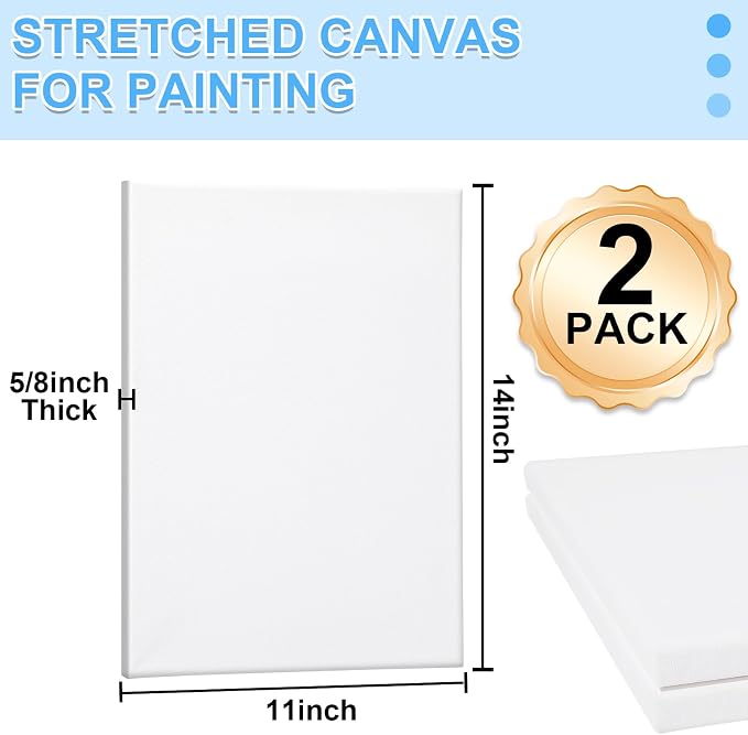 ESRICH Stretched Canvas for Painting 11x14 Inch, 2 Pack Blank Canvas -5/8 in Profile Primed White Canvases for Painting for Oil & Acrylic Paint.