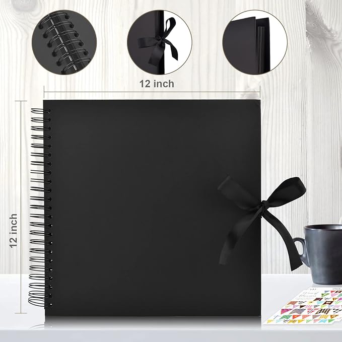 GOTIDEAL 12 x 12 Inch Scrapbook Album with 10 Metallic Markers, Black | 80 Pages Craft Paper Photo Album for Wedding and Anniversary, Family DIY Photo Album with Scrapbooking Stickers Corners