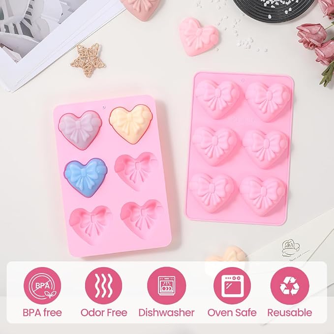 SJ Heart Bow Silicone Mold Set, 2-Pack 6-Cavity Craft Molds | For Crafts, Plaster, Soap Making, Chocolate & Wax Melts, Food Grade Silicone, Easy Release, Reusable