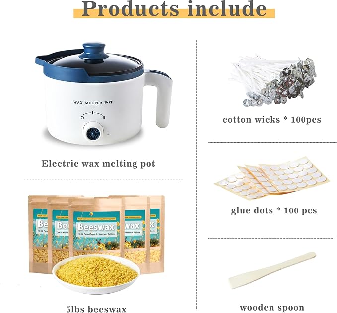 5lbs Beeswax Candle Making Kit with Electric Wax Melting Pot | candle honey bee wax making kit includes beeswax, wax melter with theremometer, wicks and more