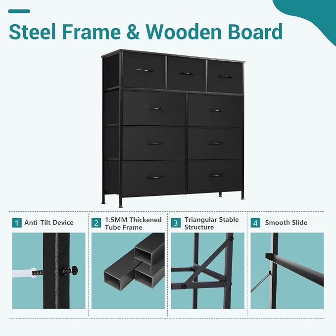 OLIXIS 9 Drawer Black Dresser for Bedroom, Closet Organizer Storage Tower