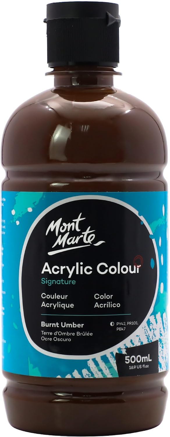 Mont Marte Signature Burnt Umber Acrylic Paint, 16.9oz (500ml), Semi-Matte Finish, Suitable for Canvas, Wood, Fabric, Leather, Cardboard, Paper, MDF and Crafts