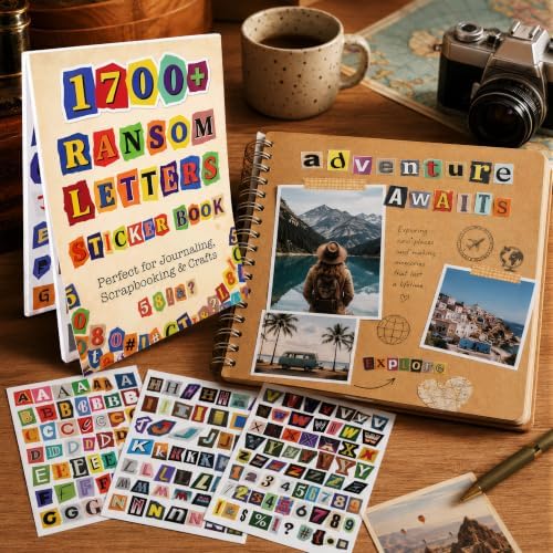 1700+Pcs Alphabet Sticker Book for Scrapbook Album, Ransom Note Stickers No Repeats, 32 Sheets Magazine Letters Die-cut for Junk Journal Supplies, Large stickers for Scrapbooking Card Making DIY Craft