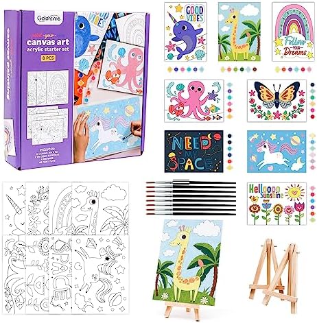 goldentime 8 Packs 5x7 Pre Drawn Canvas Set,Paint by Numbers for Kids,48 Paints 8 Brushes 2 Easels,Pre-Printed Acrylic Oil Painting Kit Ages 8-12 9-12 4-8