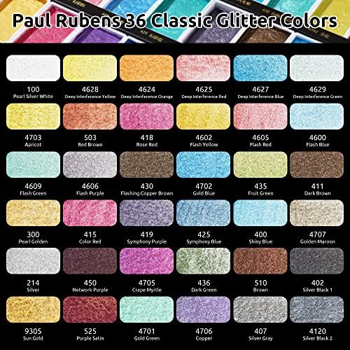 Paul Rubens Watercolor Paint Set, 36 Classical Glittery Colors Solid Paints