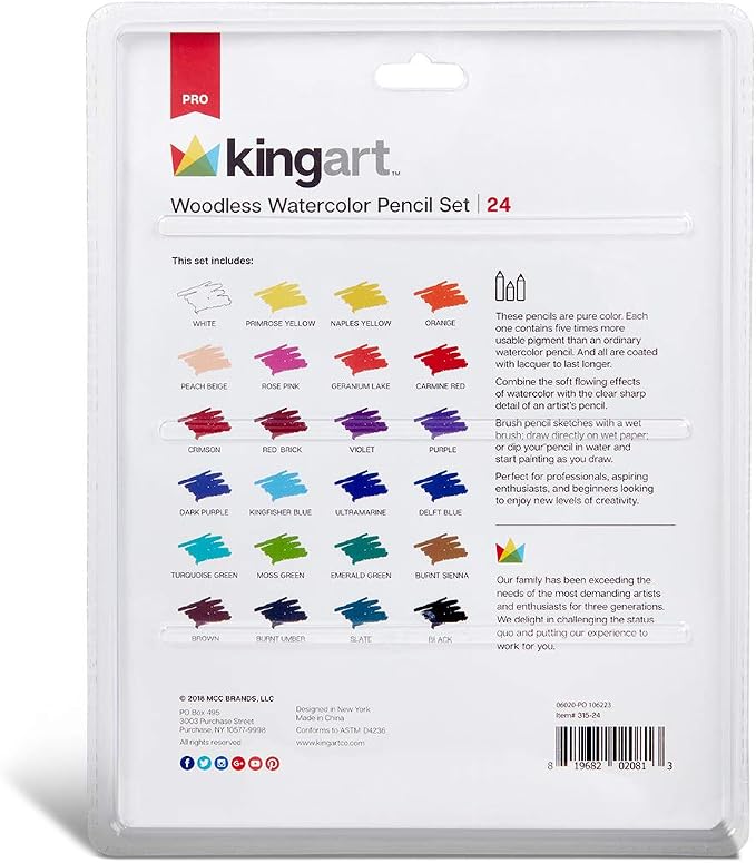 KINGART 315-24 Pro Artist Quality 24 Ct. Woodless Watercolor Pencil Set, 24 Soft Core, Pre-Sharpened Crayon Style Art Pencils, Use Wet or Dry, Professional to Beginner