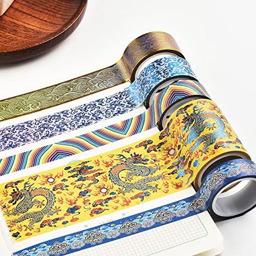 5 Rolls Washi Masking Tape 15/20/50 Mm Wide Set,Retro Style Dragon and Phoenix Decorative Craft Tapes,for DIY School Supplies,Gift Wrapping,Bullet Journals,B
