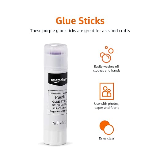Amazon Basics Disappearing Purple Washable School Glue Sticks, Dries Clear, 0.24-oz Sticks, 480 Count Total, 8-Pack of 60