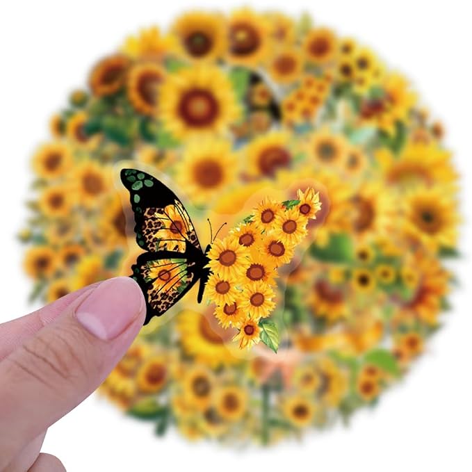 60Pcs Sunflower Stickers,Transparent Sunflower PET Sticker | Colorful Waterproof for Laptop,Guitar, Phone,Water Bottles,Stationery, Luggage Scrapbooking, Water Bottlesr Refrigerator