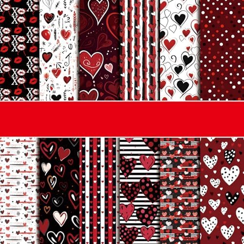 Valentine Scrapbook Paper Pad: Black Red Love Heart Valentine Patterned Paper 12×12-24 Sheets Scrapbook CardStock Papers Pad for Holiday Cardmaking DIY Origami Decorative Craft Papers.