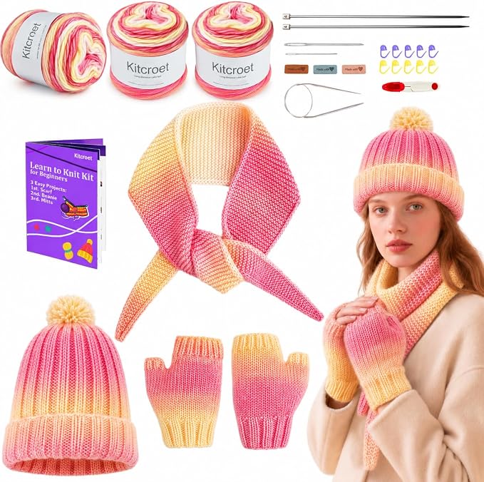 Knitting Kit for Beginners, Complete Starter Kit for Scarf, Hat, Gloves | Kitcroet Knitting Kit Video Tutorials & Written Guide; 2 Types of Needles & Knitting Accessories; 25% Extra Yarn Included