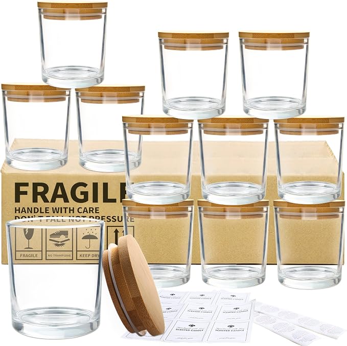 CONNOO 12Pack 10 OZ Clear Glass Candle Jars with Bamboo Lids | For Making Candles, Large Size Empty Candle Tins with Wooden Lids, Bulk Clean Candle Containers, Dishwasher Safe