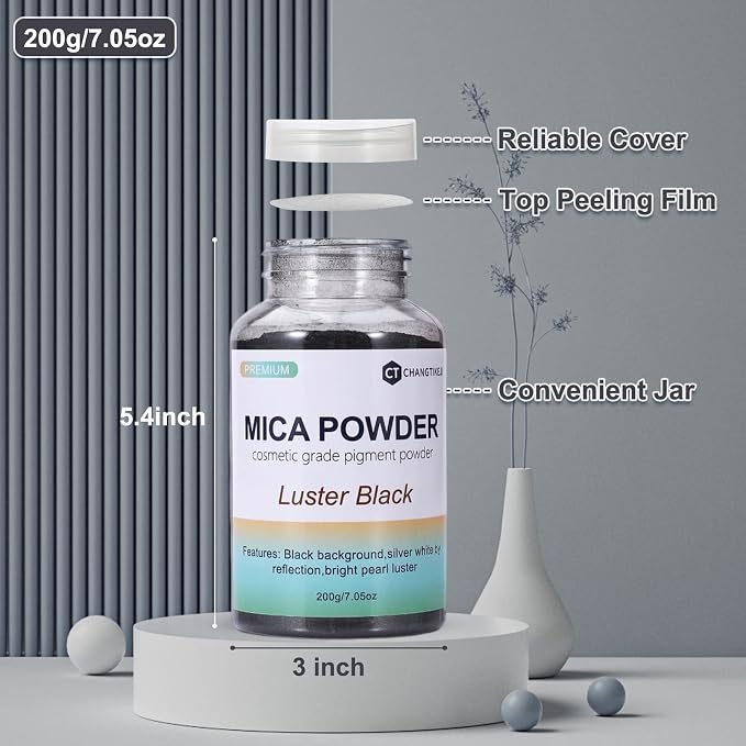Mica Powder,200g/7.05oz Large Jar,Luster Black Mica Powder Pigment for Epoxy Resin，Lip Gloss，Paint，Dye，Soap Making，Nail Polish,Candle Making,Bath Bombs(Luster Black)