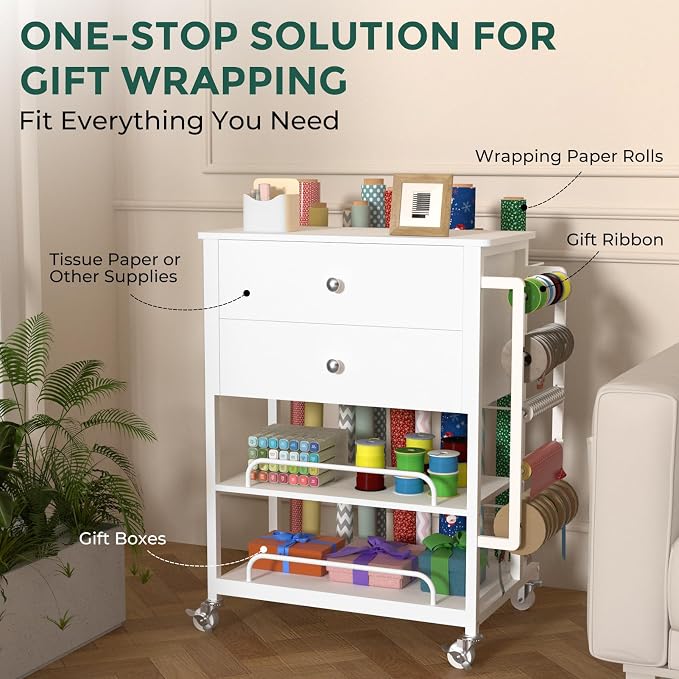 Wrapping Paper Storage & Organizer, Craft Cart with Ribbon & Gift Bag Storage, Wrapping Paper Organizer Holder(2 Wooden Drawers-White)