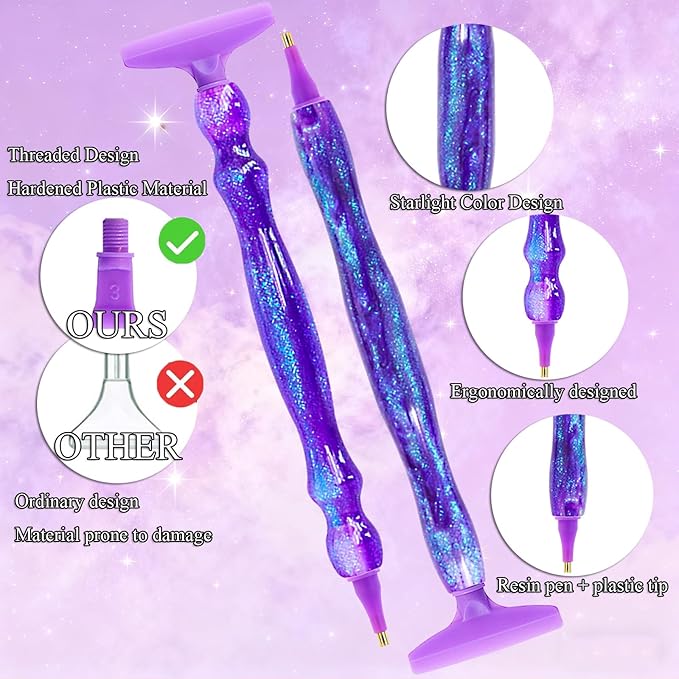 ZYNYXY 16PCS Ergonomic Diamond Art Pens Kits, Resin Diamond Painting Pen with Multifunctional Plastic Screw Thread Tips for 5D Diamond Painting (Starry Purple A)