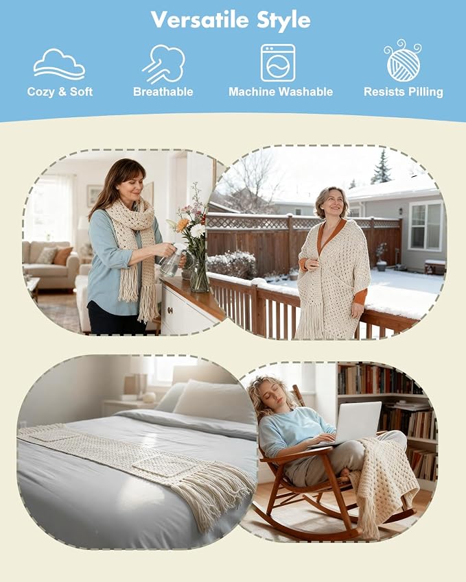 Arborthread Crochet Kit for Beginners, Easy All-Season Pocket Shawl & Scarf Crochet Kit for Adults w/Ample Premium Yarn to Fit Different Sizes, Step-by-Step Video & Instructions, Light Khaki
