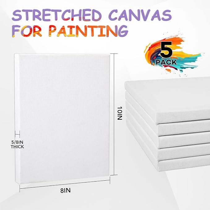 ESRICH Stretched Canvas for Painting, 5 Pack 8x10 Canvas Value Pack, Primed Acid-Free Cotton Blank Canvas, Paint Canvases for Oil & Acrylic Paint.