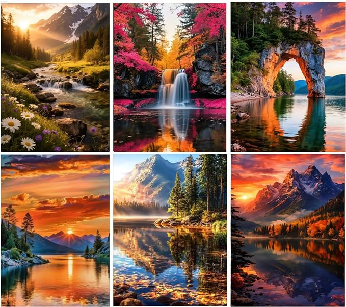 Apcufir 6 Pack Diamond Painting Kits for Adults,Landscape Diamond Art Kits for Beginners,Waterfall and Sunset Relaxing Diamond Dots Gem Art for Home Wall Decor 12X16 Inch