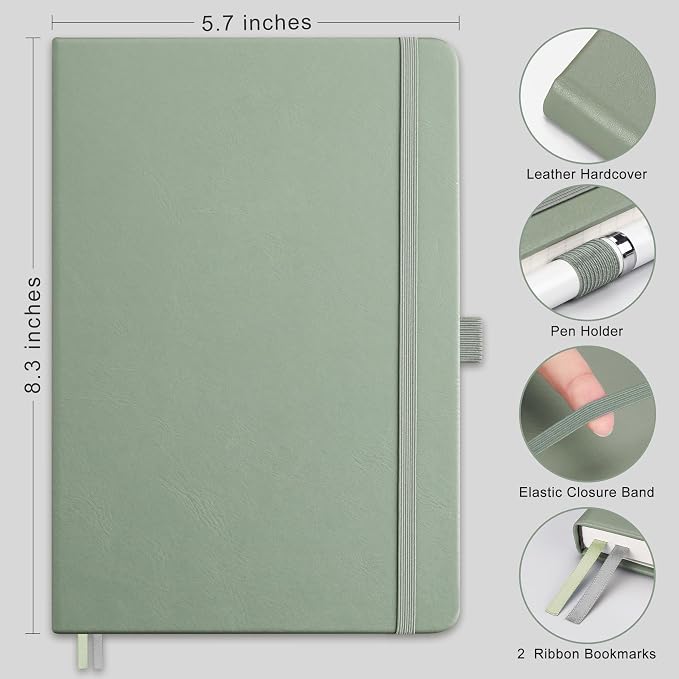 RETTACY Dotted Journal Notebook, 192 Pages, A5 Medium Size (5.7'' x 8.3'') | Leather Hardcover, 100 GSM Thick Paper, for Journaling, Planning, Tracking (Sage Green)