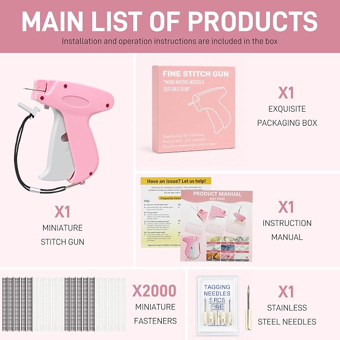 2026 New Stitch Gun for Clothes, Handheld Tagging Gun Quick Clothing Fixer Sewing Kit with 6 Replacement Needles, 1000 Black & 1000 White Fasteners (Pink-Gray)