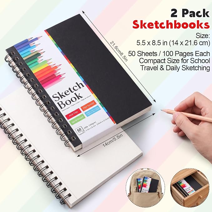 5.5" x 8.5" Mini Sketch Book 2 Pack, Spiral Bound, 100Gsm Paper