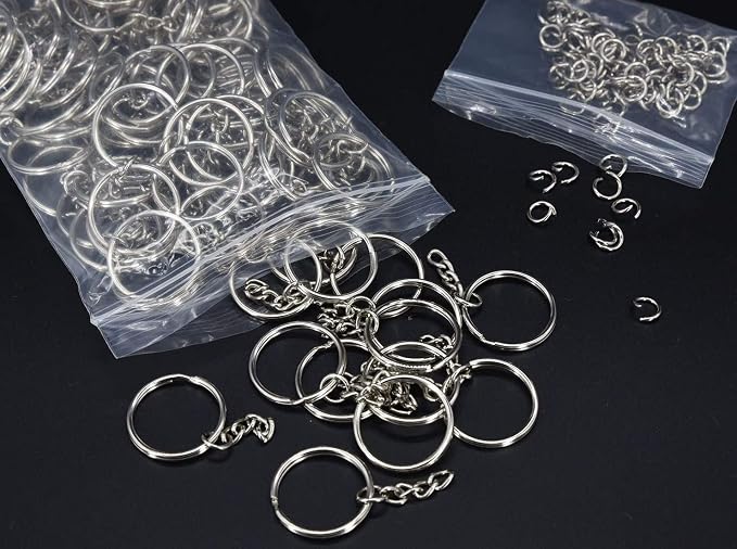 100Pcs Key Ring with Chain and Open Jump,1 inch Split Round Keychain Rings | for Craft Making Jewelry bulk