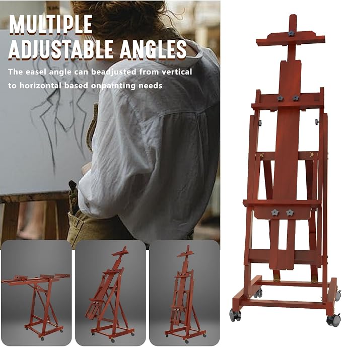 H-Frame Foldable Easel, Adjustable Height & Angle (Vertical to Horizontal), Removable Floor Art Easel for Adults, Holds Two Canvases Up to 77 Inches, Walnut Finish