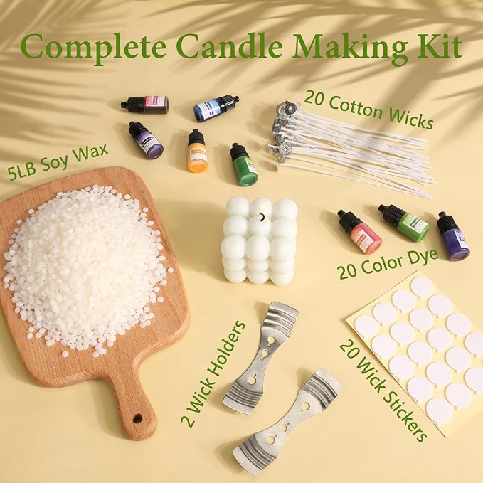 SAEUYVB 5 lbs Soy Candle Wax for Candle Making,Natural Soy Wax Pellets | Soy Wax for Candle Making with 20 Liquid Dye,20 Candle Wicks,20 Stickers and 2 Centering Devices,DIY Candle Making Supplies