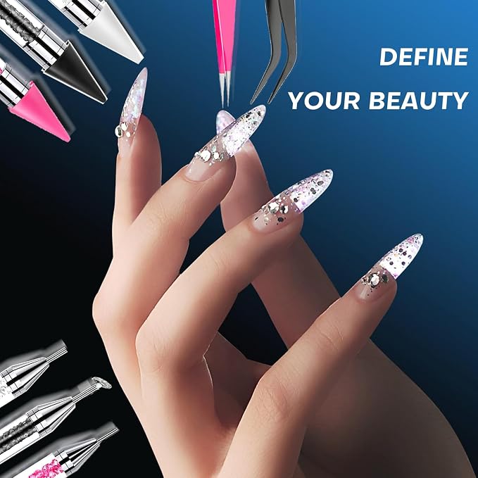 14 Pcs Rhinestone Picker Tool - 3 Pcs Dual-head Pens with 6 Wax Tips, Useful Clay, Precision Curved and Straight Tweezers Kit for Picking Up Nail Art Gems, Stones, Crystals, and Nail Charms
