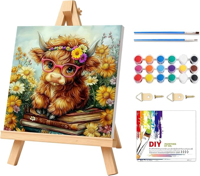 Highland Cow Paint by Numbers Kit for Adults with Frame & Easel 8x8inch | Canvas Paint by Numbers for Adults, Adult Paint by Number Kits on Canvas, Arts and Crafts for Adults, Gifts and Home Decor