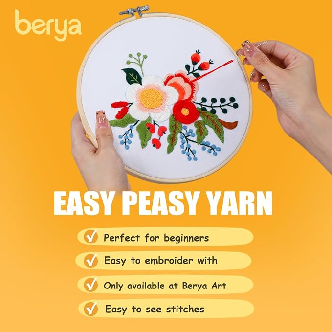 BERYA Embroidery Kit for Beginners, Flowers and Leaves Embroidery Practice Kit, Hand Floral Embroidery Starter Kit for Adults with Video Step by Step Instructions, Hoops, Threads and Needles (BEF014)