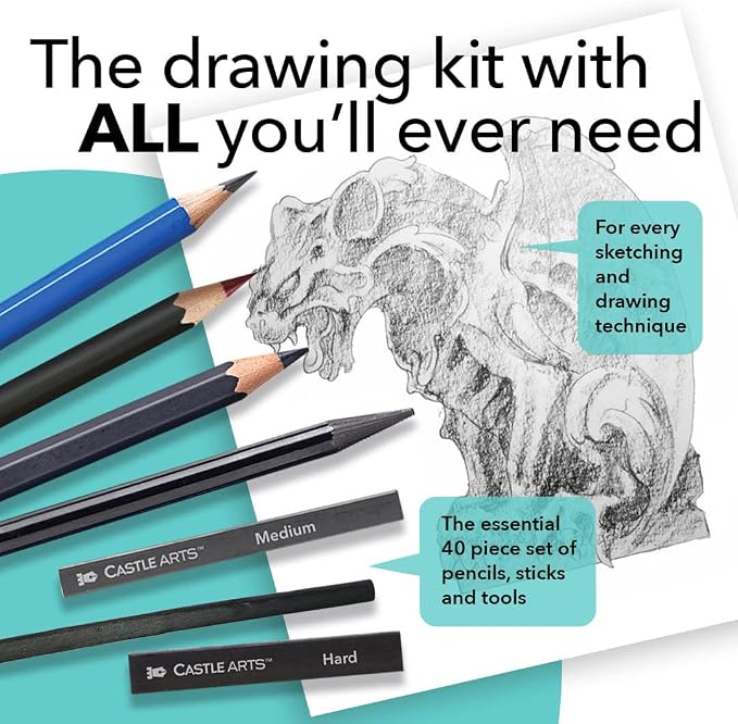 Castle Art Supplies 40 PieceDrawing, Sketching and Charcoal Set for Artists | Pencils, charcoal, and graphite for artists, professionals, and beginners alike - carry-anywhere zipper case included