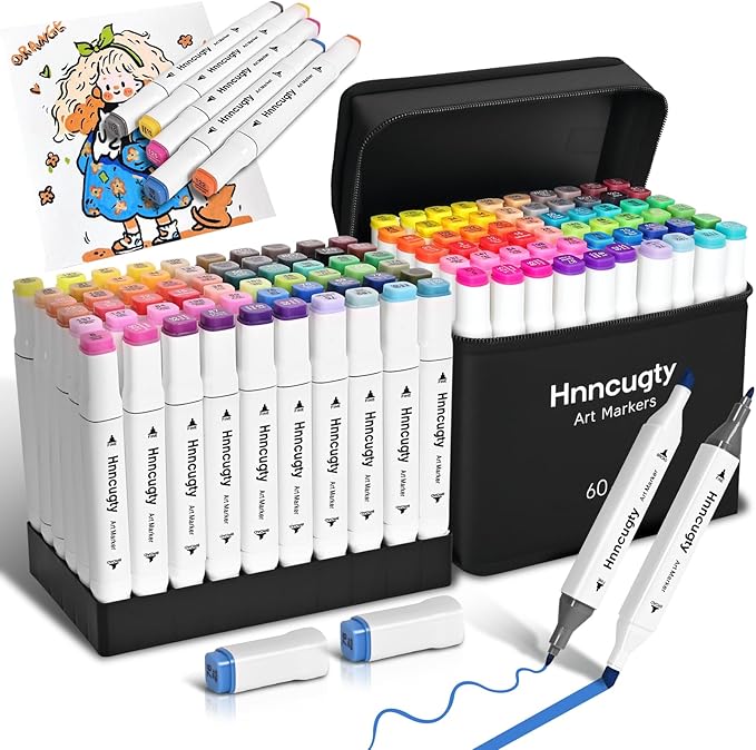 Hnncugty Alcohol Markers Set-Case & Holders 60 Colors Dual Tips Art Markers
