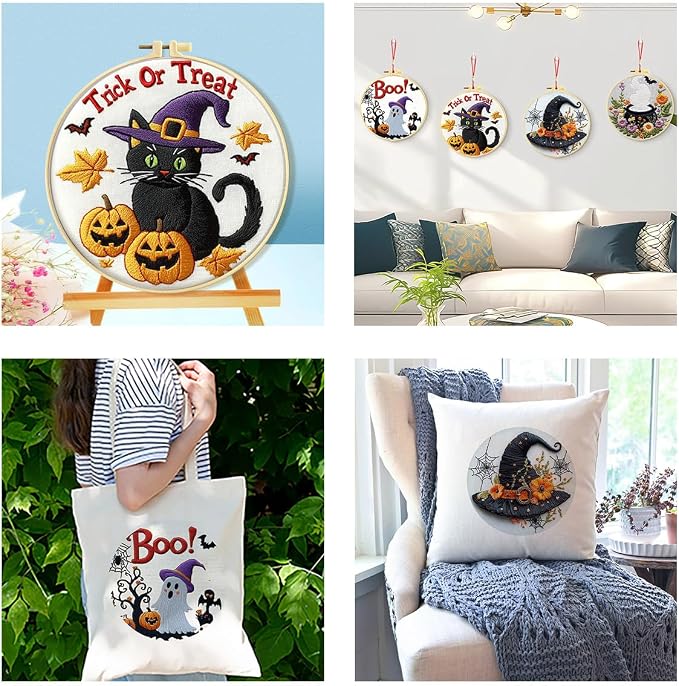 Zhenqing 4-Piece Halloween Embroidery Kit for Beginners - Spooky Ghost, Witch Hat, Black Cat & Cauldron Designs with Pre-Printed 29x29cm Cotton Fabric, Hoop, Threads & Tools(C0165)