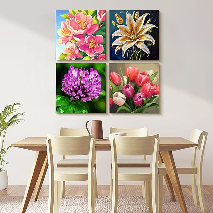 PRASIO 4 Pack Paint by Numbers Kit for Adults Framed Canvas with Wooden Easel, Flowers Easy Paint by Number Kits with Frame, Acrylic Watercolor Adult Paint by Number Kits on Canvas Framed 10x10 Inch