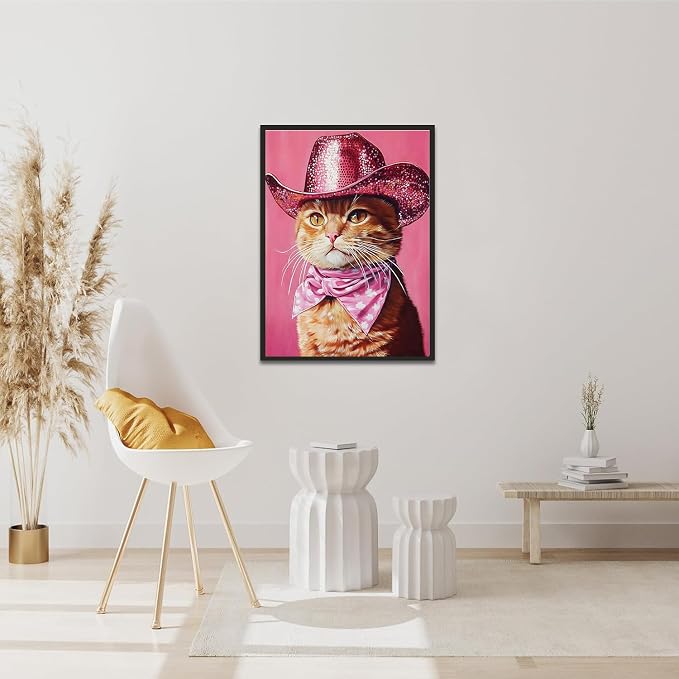 DAZZLEDOTS Cowboy Cat Diamond Art Kits for Adults, Pink Diamond Painting