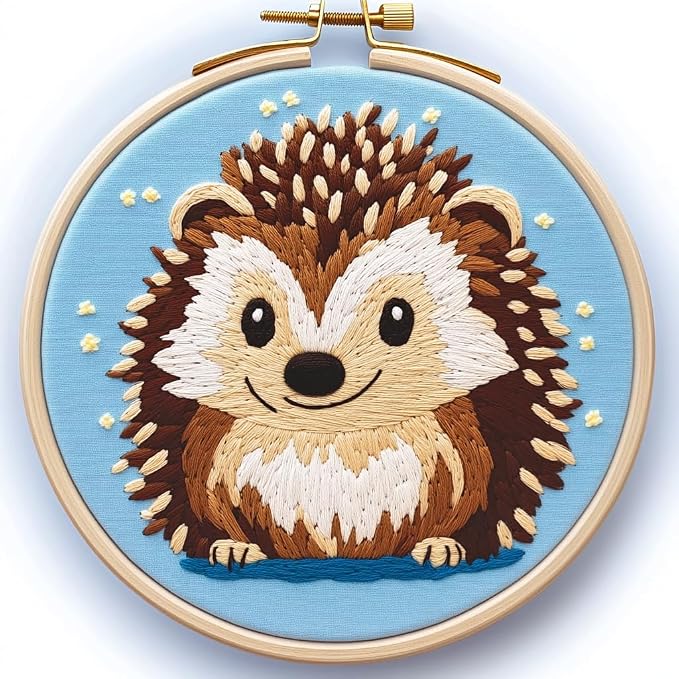DIY Punch Needle Kits Hedgehog with Hoop 20x20cm-1 | with Pattern Stamped Easy for Beginners Embroidery Punch Needle Starter Craft Set for Adults Festival Gift and Decoration
