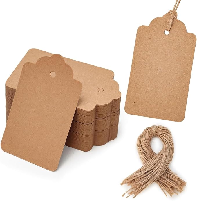 SALLYFASHION 100PCS Gift Tags with String Attached, Kraft Paper Hang Tags | 1.7 X 2.8 inch, Hang Tags for Clothes DIY Crafts, Wedding Holiday ,Brown