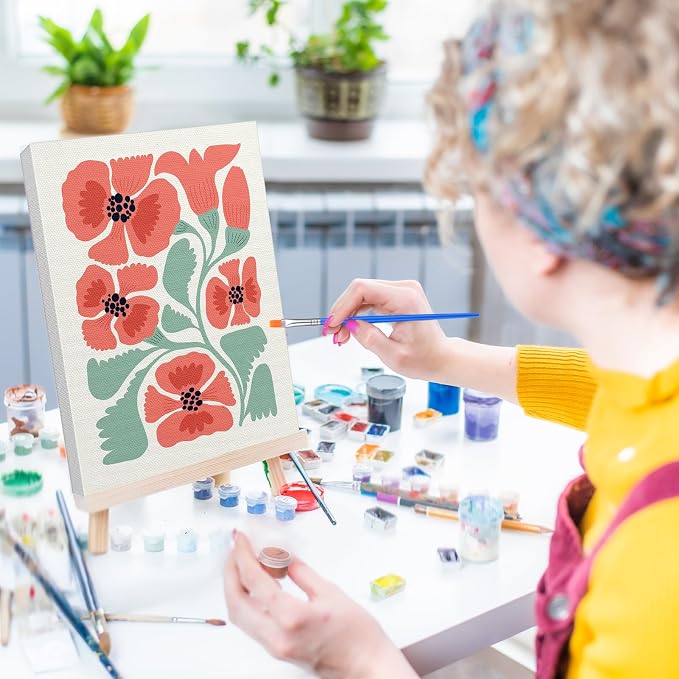 RoundFunny 12 Set Paint by Numbers Kit for Adults Flowers Painting 8x10 | with Wooden Frame Easel Acrylic Paints Brushes Watercolor Oil, DIY Stress Relief Paint by Number for Beginner Home Wall Decor