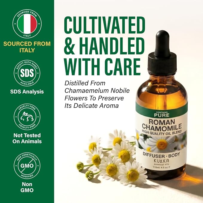 100% Pure Roman Chamomile Essential Oil 4 Fl Oz - Chamomile Oil for Skin | Undiluted Italian Chamaemelum Nobile for Hair, Diffuser, Aromatherapy, Relaxation and Skincare Rituals