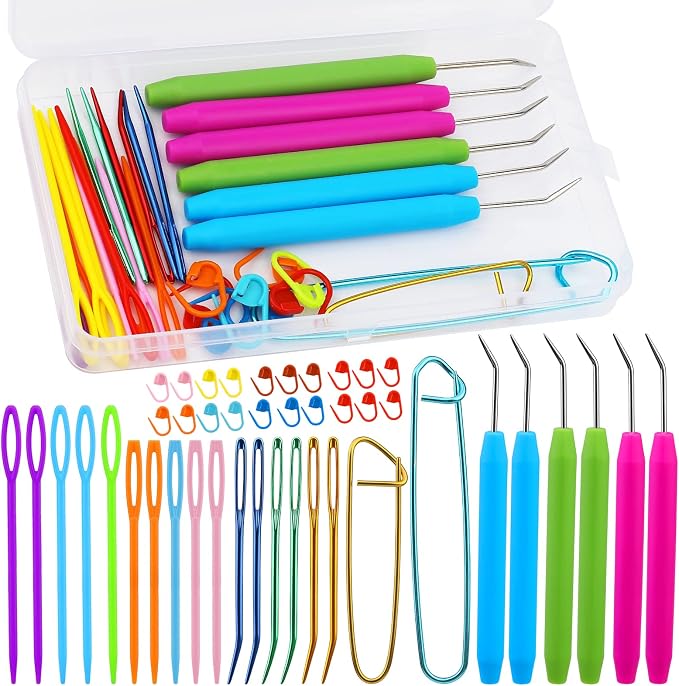 FTEVEN 45PCS Knitting Loom Hooks Set, Large Eye Bent Tapestry Needles | Colorful Plastic Large Eye Needles, Knitting Loom Needles with Knitting Needle Markings for DIY Handicrafts